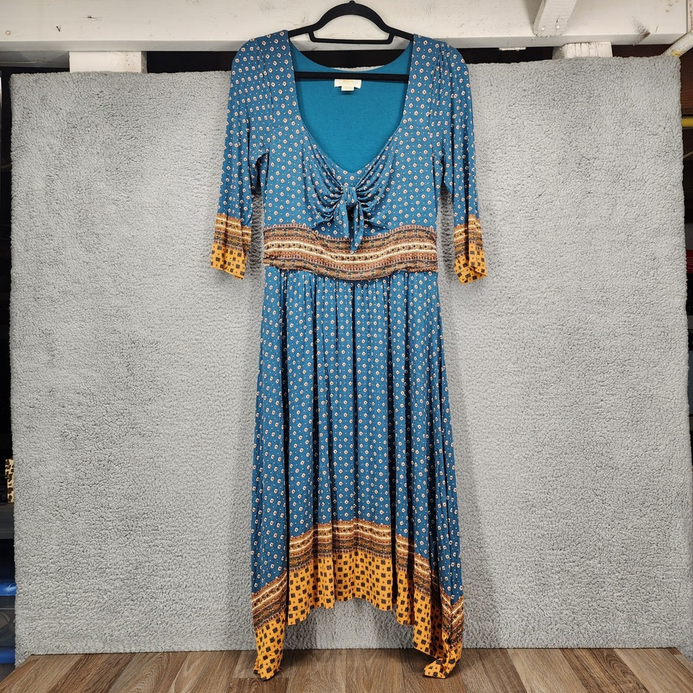 Maeve Anthropologie Teal Boho Geometric Print Handkerchief Hem Midi Dress Medium